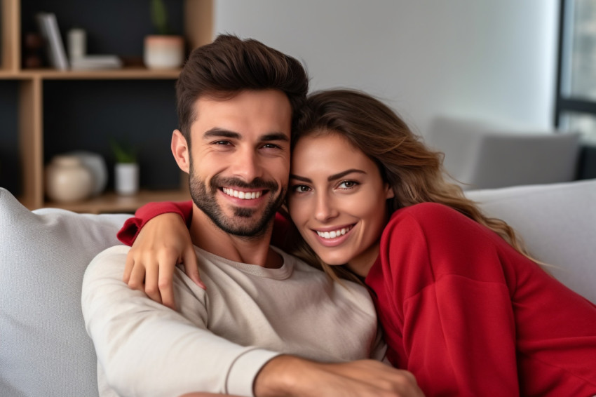 Cheerful couple cuddling on couch looking at camera