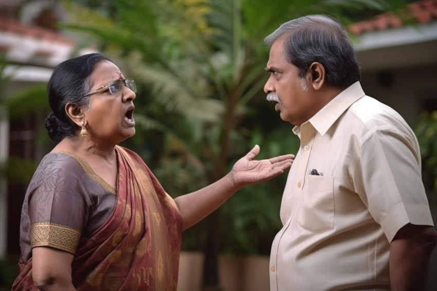 Indian senior couple arguing family problem