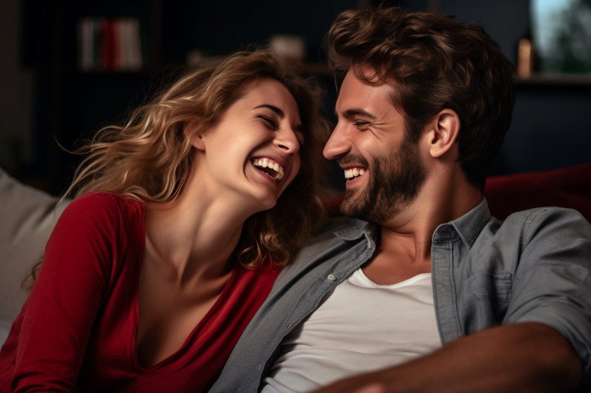 Happy couple talking on couch at home