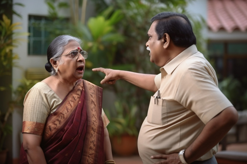 Indian senior couple arguing family problem
