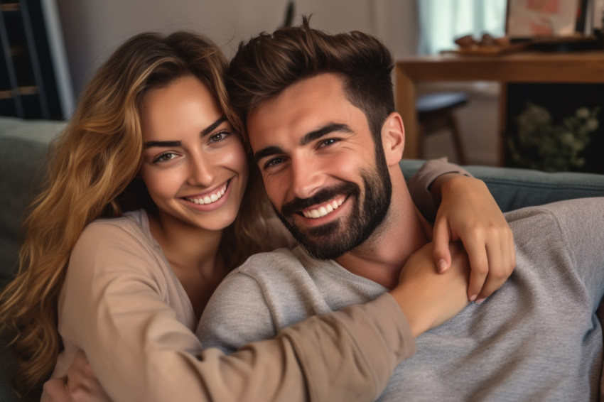 Cheerful couple cuddling on couch looking at camera