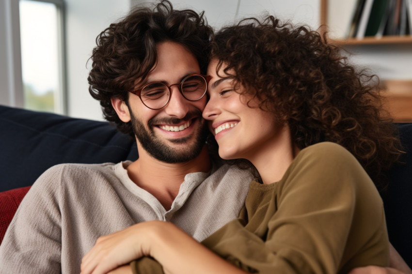 Cheerful couple cuddling on couch looking at camera