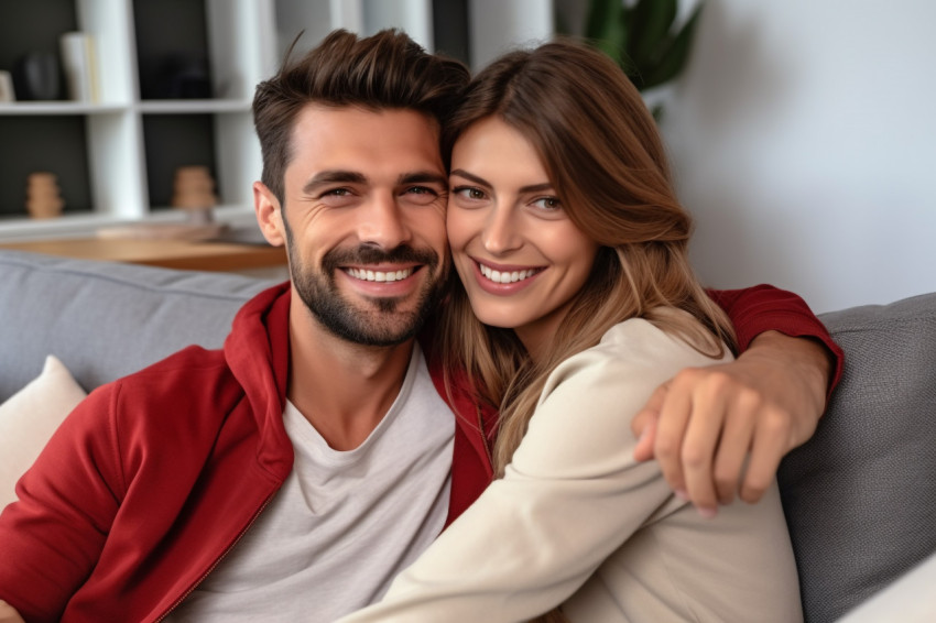 Cheerful couple cuddling on couch looking at camera