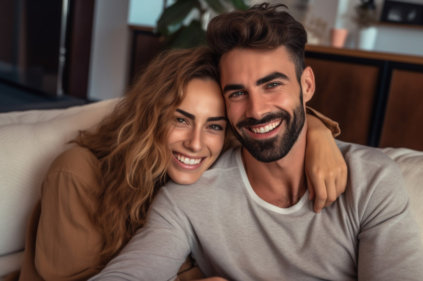 Cheerful couple cuddling on couch looking at camera