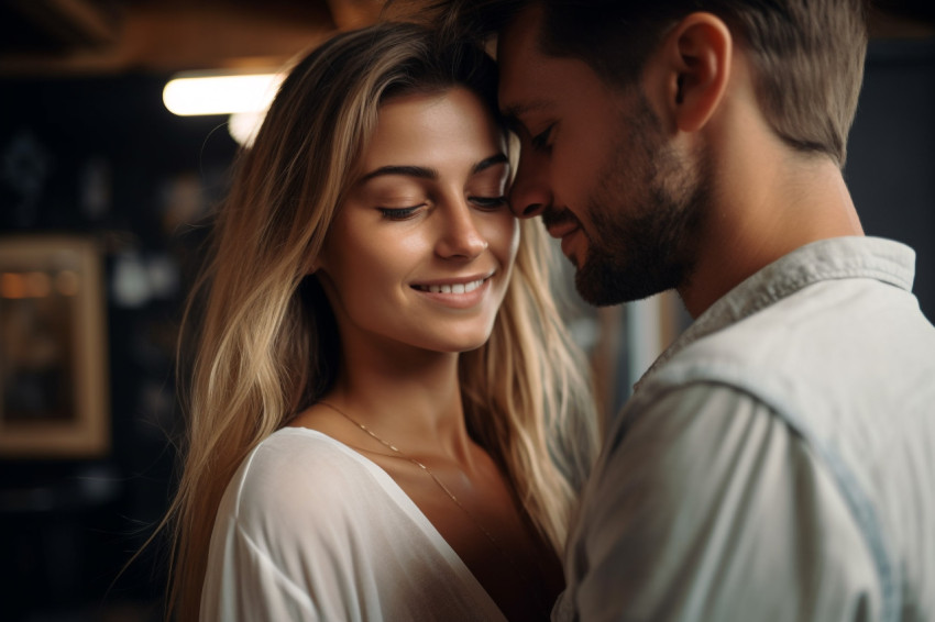 Happy couple embracing indoors close up of womans happy face