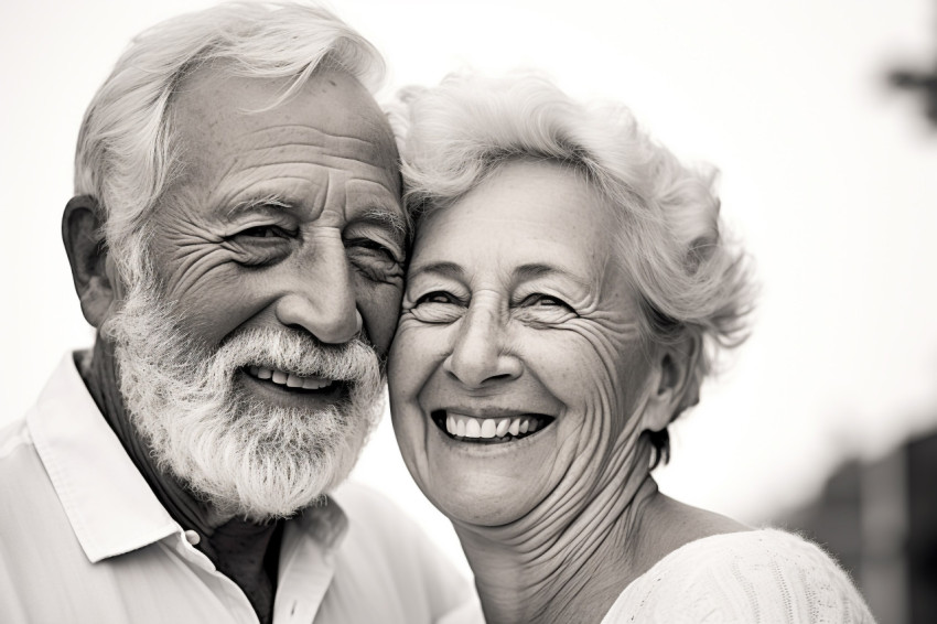 Photo of loving senior couple on white