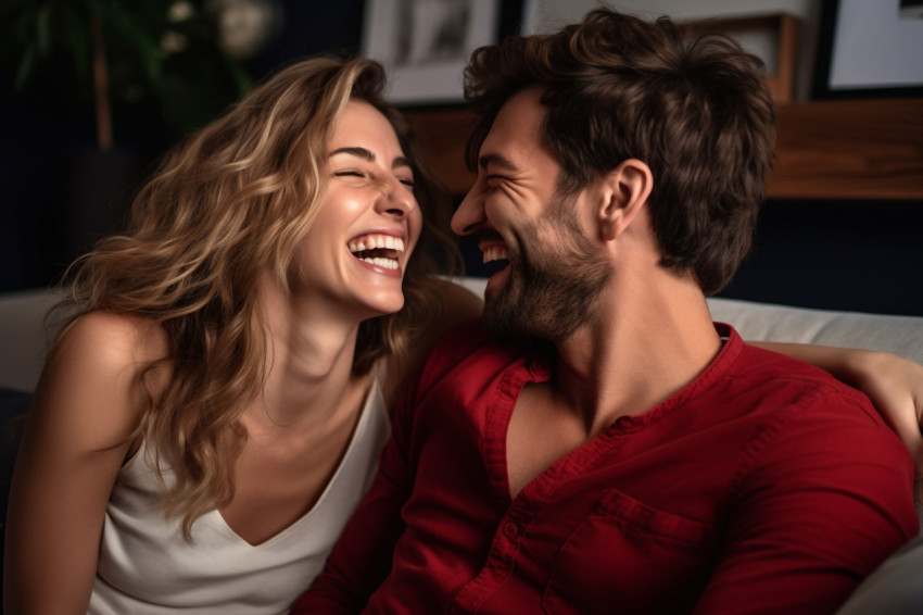 Happy couple talking on couch at home