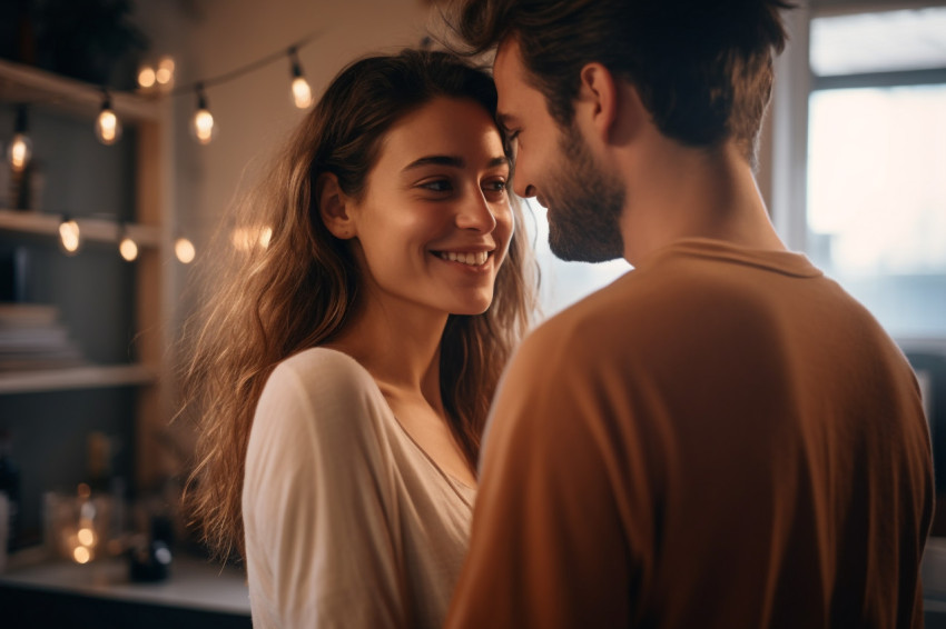 Happy couple embracing indoors close up of womans happy face