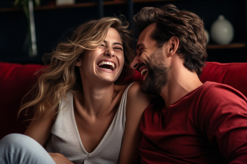 Happy couple talking on couch at home