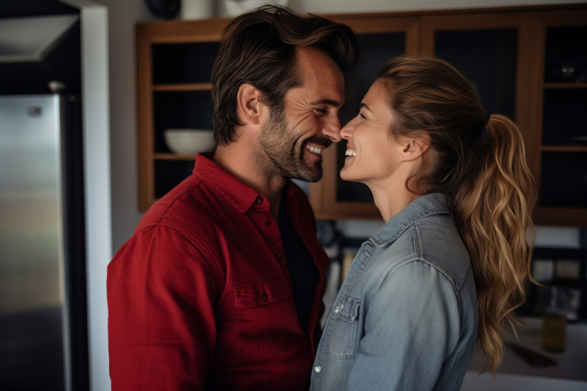 Happy couple hugging at home