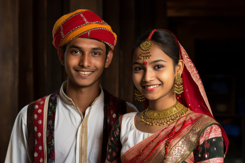 Young Indian couple in traditional clothes at new home