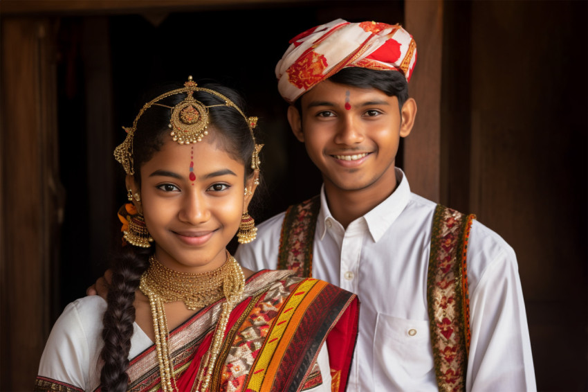 Young Indian couple in traditional clothes at new home