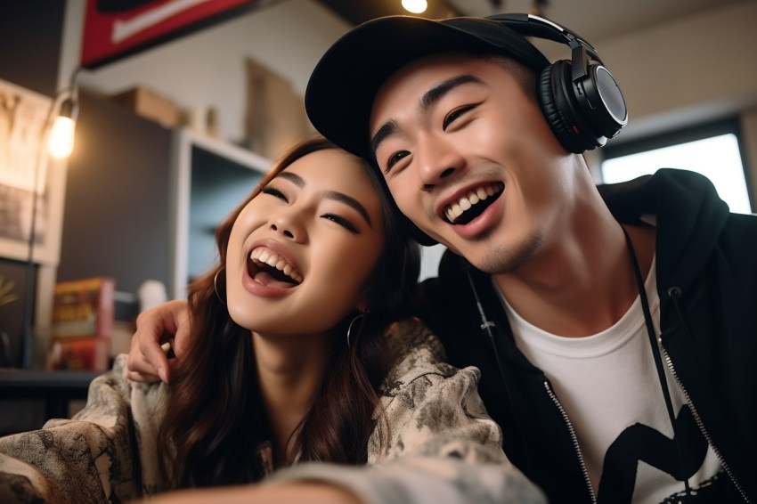 Asian couple dancing at home recording video on smartphone