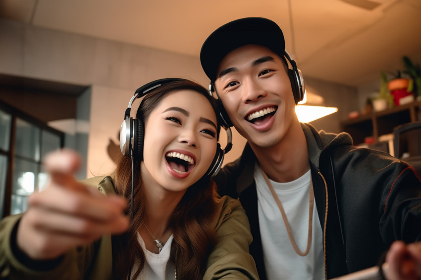 Asian couple dancing at home recording video on smartphone