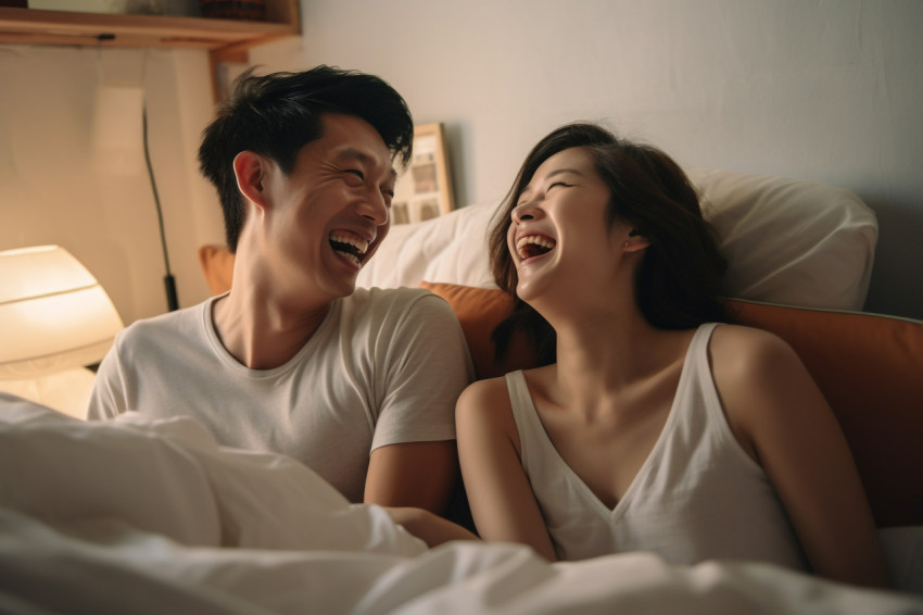 Photo of Singaporean young couple laughing in bed