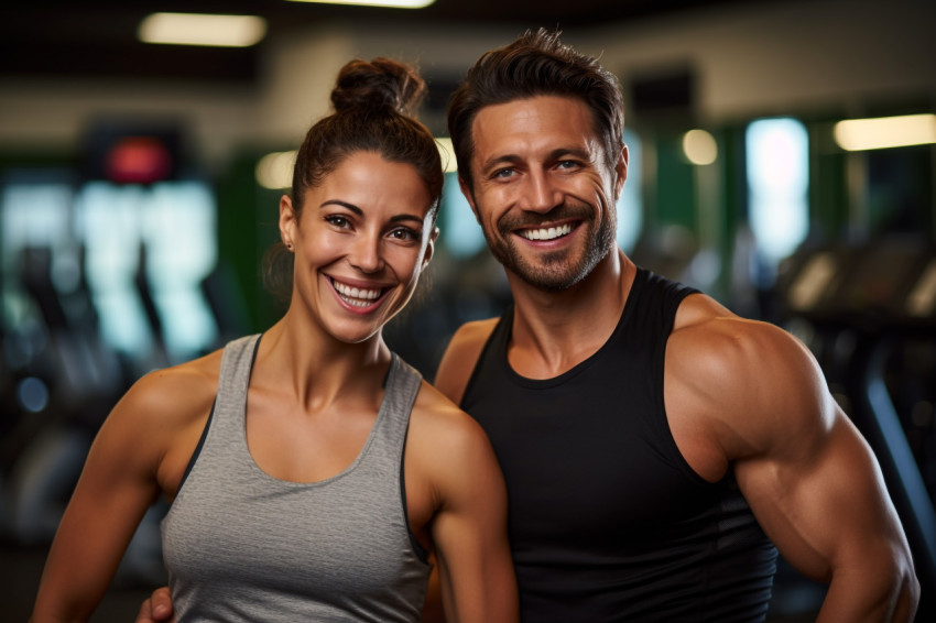 Happy fit couple showing muscles after gym workout