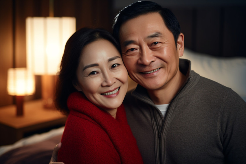 Picture of an Asian couple in their middle years in a room