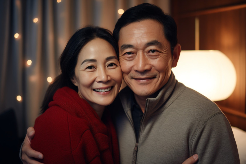 Picture of an Asian couple in their middle years in a room