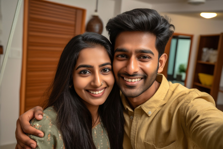 Indian couple takes selfie at home