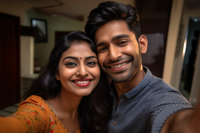 Indian couple takes selfie at home