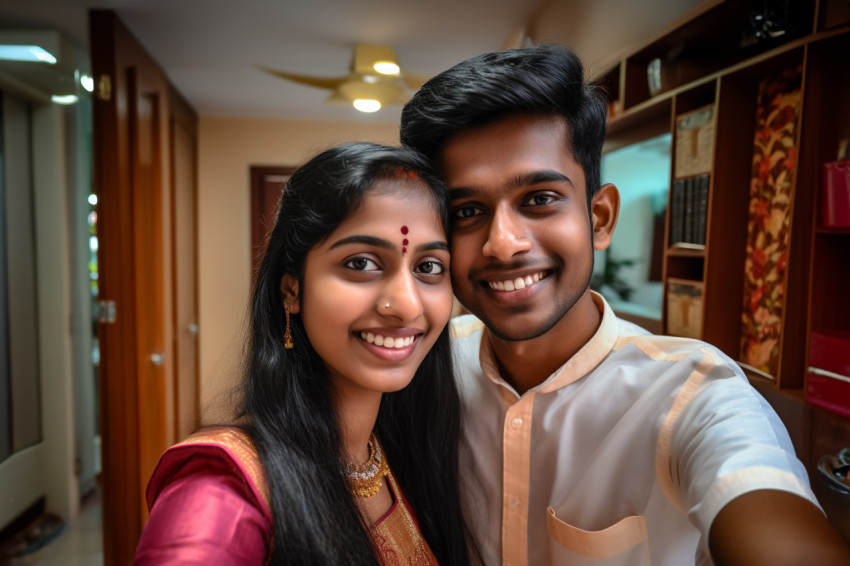 Indian couple takes selfie at home