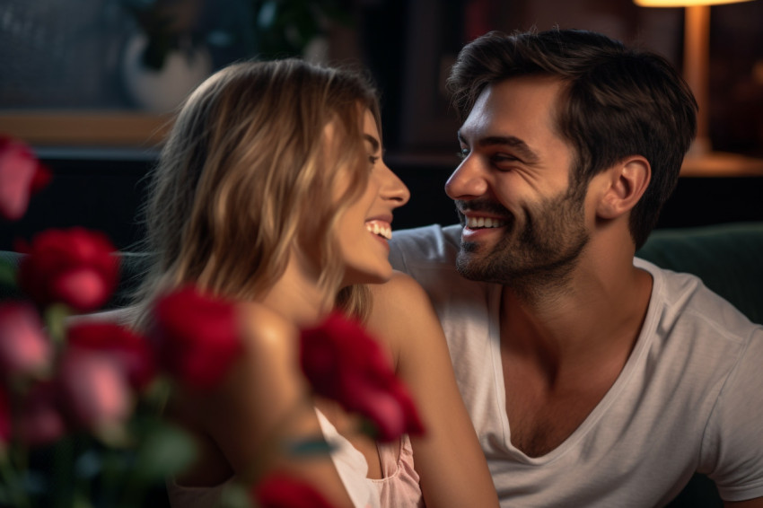 Happy young couple smiling at home