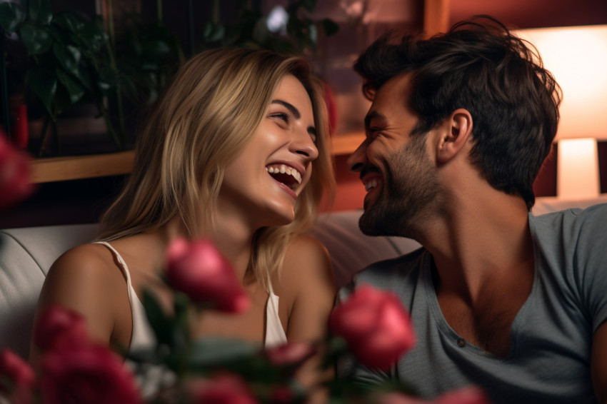 Happy young couple smiling at home