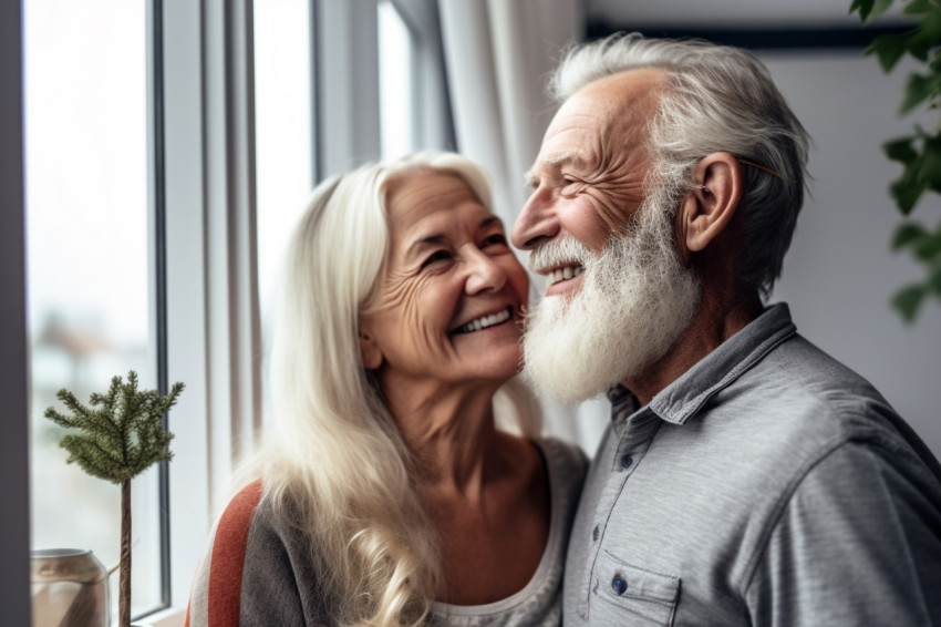 Happy retired couple looking out window