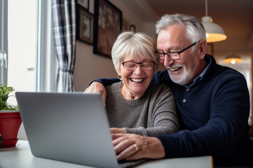 Happy older couple using laptop at home