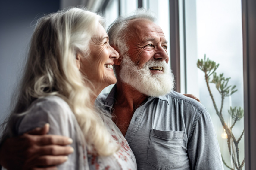 Happy retired couple looking out window