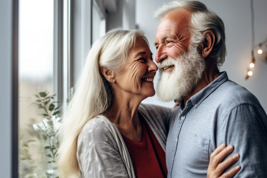 Happy retired couple looking out window