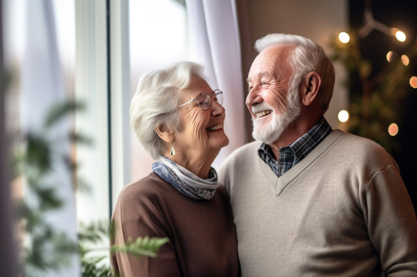 Happy retired couple looking out window