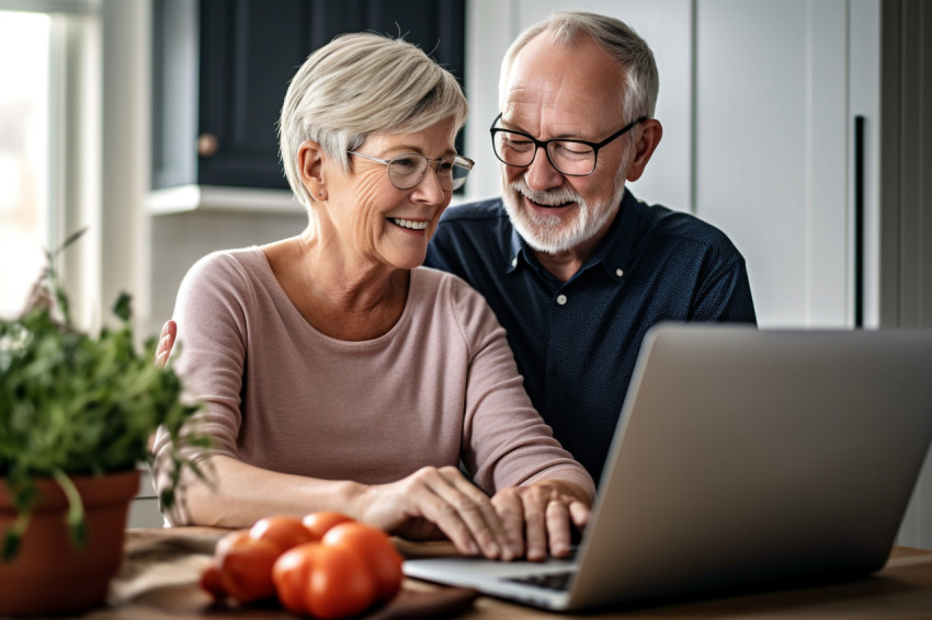 Happy older couple using laptop at home