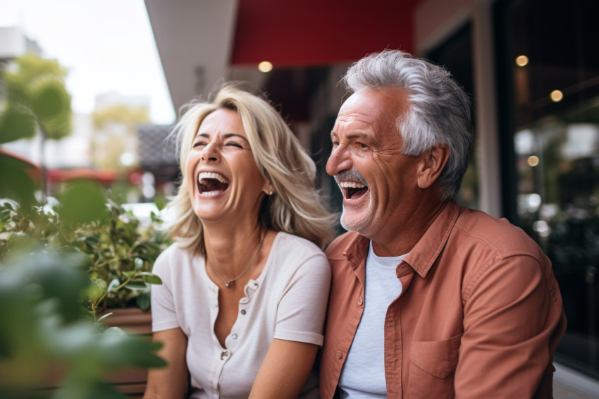 Romantic photo of happy married couple laughing together at home