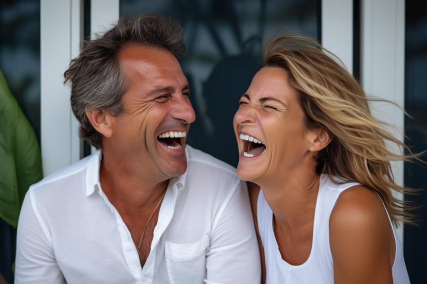 Romantic photo of happy married couple laughing together at home