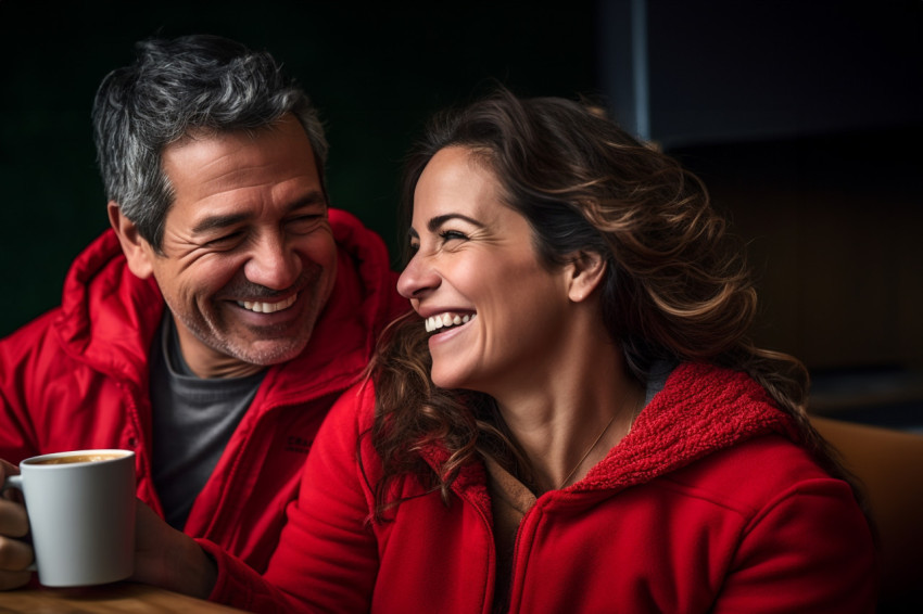 Happy Hispanic couple drinking coffee