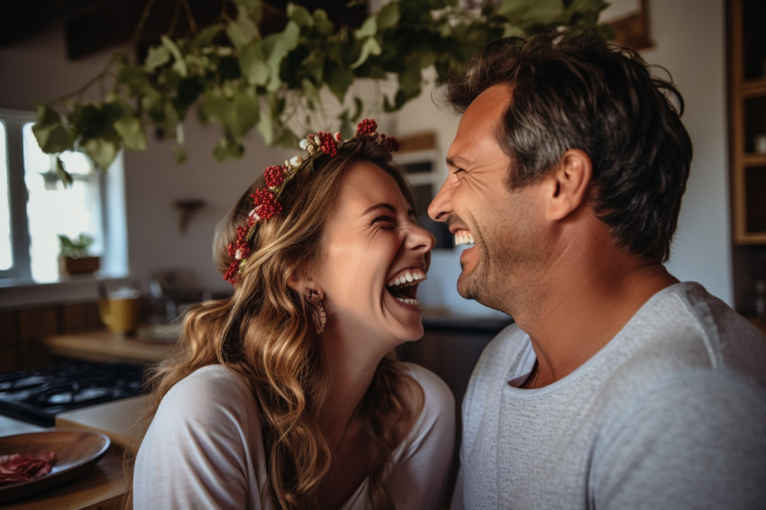 Romantic photo of happy married couple laughing together at home