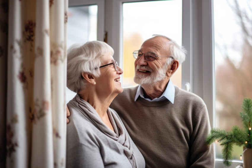 Happy retired couple looking out window