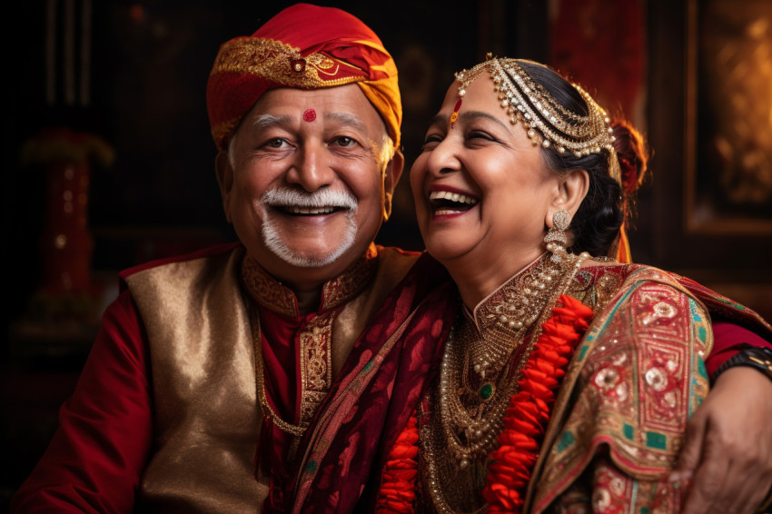 Indian senior couple smiling in traditional dress