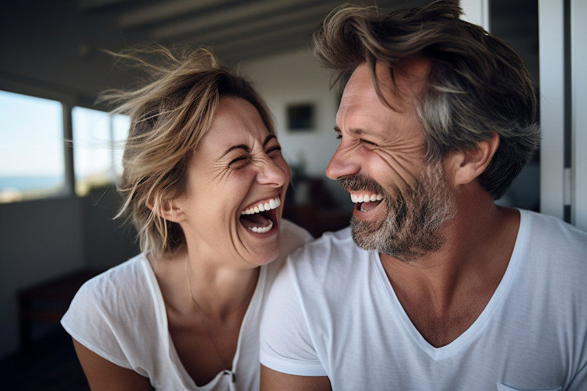 Romantic photo of happy married couple laughing together at home