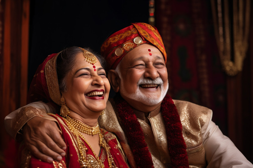 Indian senior couple smiling in traditional dress