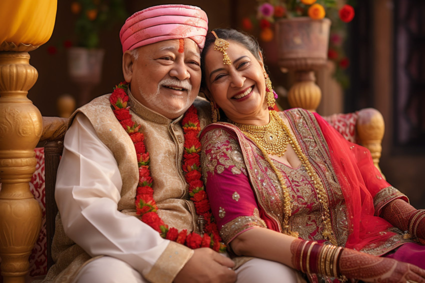 Indian senior couple smiling in traditional dress