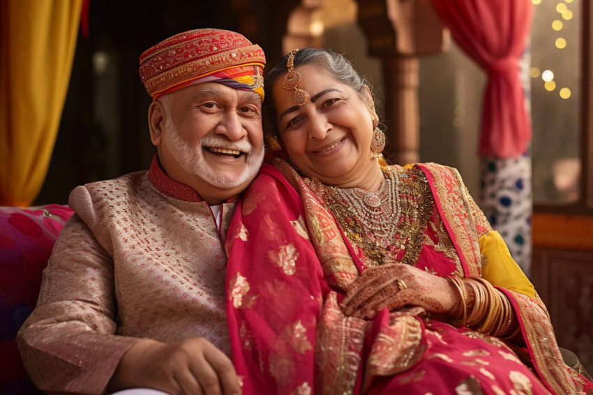 Indian senior couple smiling in traditional dress