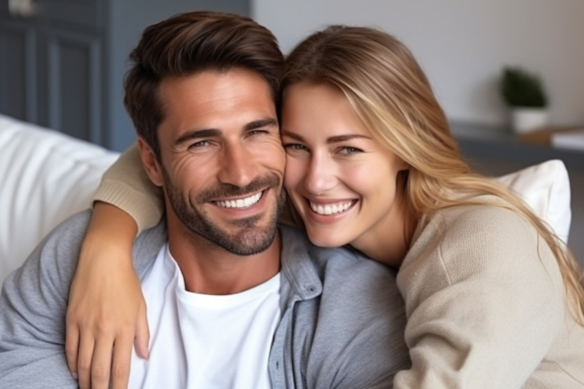 Cheerful Eastern millennial couple cuddling at home