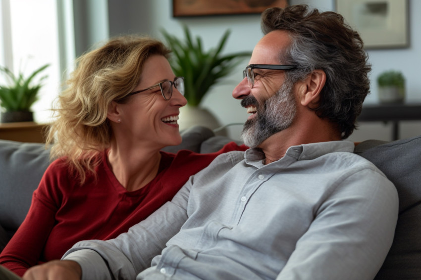 Happy couple talking and laughing on sofa