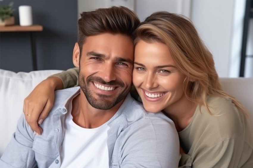 Cheerful Eastern millennial couple cuddling at home