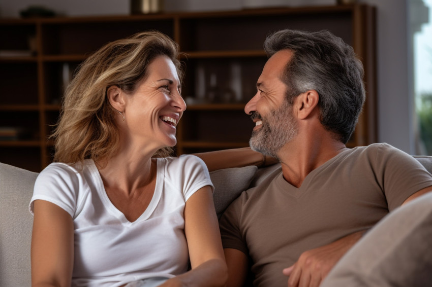 Happy couple talking and laughing on sofa