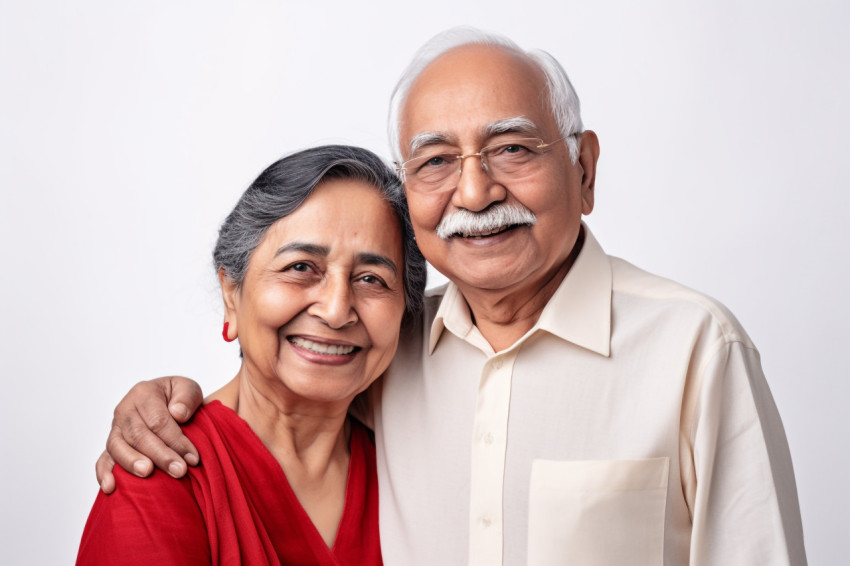 Smiling Indian seniors portrait white background