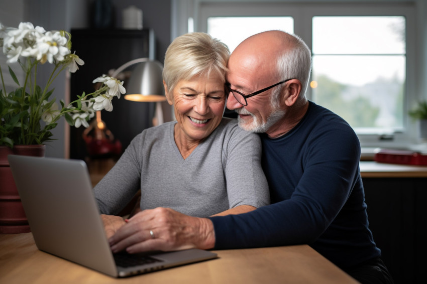 Senior couple embracing while using a laptop at home