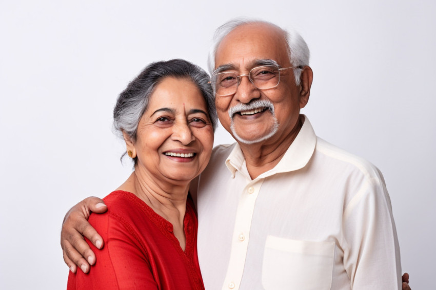 Smiling Indian seniors portrait white background